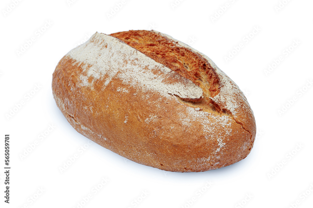 Crusty loaf of sourdough bread on white background. Artisan bread or traditional rustic bread isolated on white background
