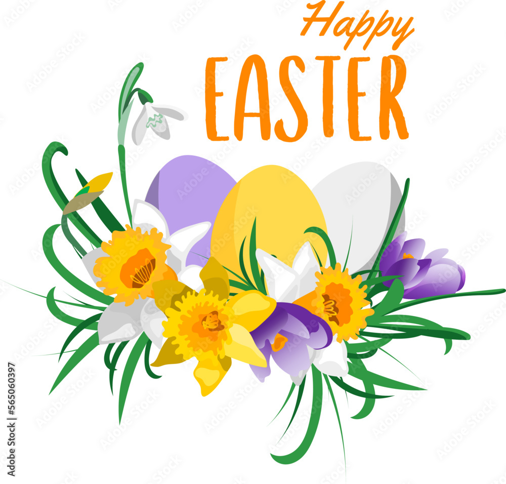 Happy Easter card design with eggs daffodils crocus snowdrop flowers on white background