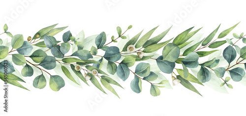 Watercolor green seamless border with eucalyptus leaves and branches isolated on white background. Greenery flower for wedding invitation, digital projects, scrapbooking, textiles, stationery design.