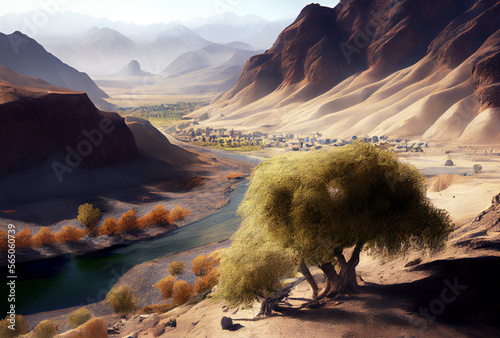 Afghanistan landscape with mountains. Generative AI Art. Beautiful view.