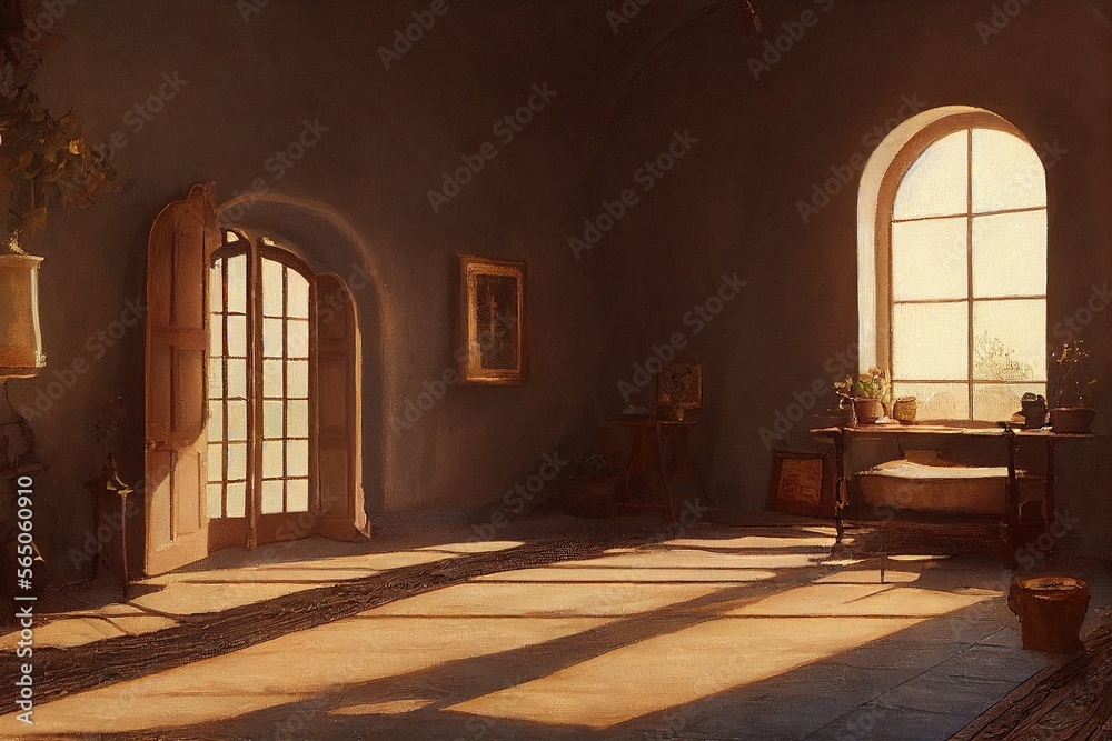 Cozy Empty corridor with Spanish style interior arched windows minimal staged furniture home decor at golden hour Made with Generative Ai Cozy Empty corridor with Spanish style interior arched windows minimal staged furniture home decor at golden hour Made with Generative Ai