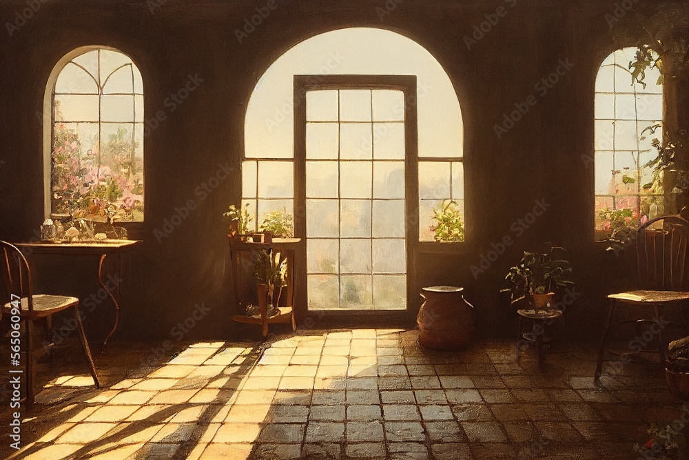 Cozy Empty corridor with Spanish style interior arched windows minimal staged furniture home decor at golden hour Made with Generative Ai