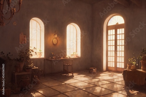 Beautiful cozy modern Spanish style interior design large arched windows minimal staged furniture at golden hour Made with Generative Ai