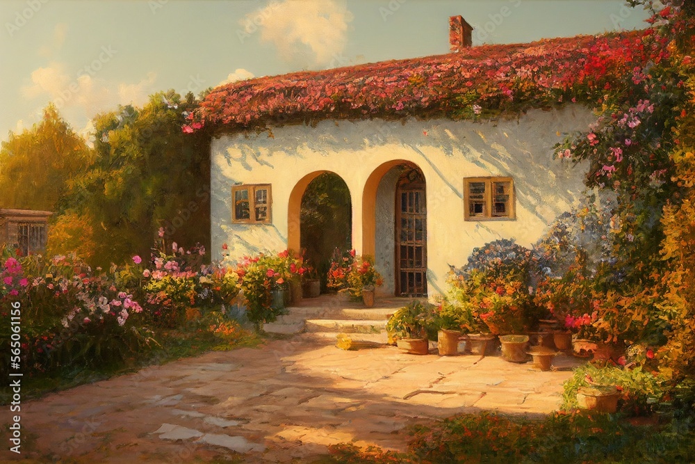 Beautiful Vintage oil painting of Spanish Style Cottage exterior with arched doorways plants and flowers Made with Generative Ai