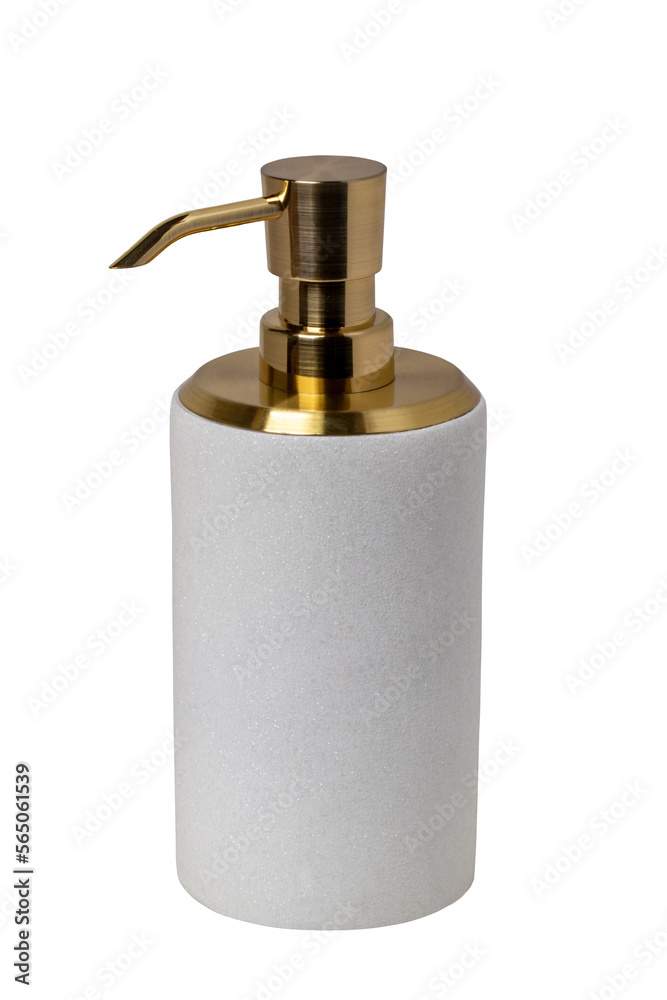 Obraz premium Closeup of a beautiful white golden perfume bottle or liquid soap bottle isolated on a white background. Macro. Copy space for label design.