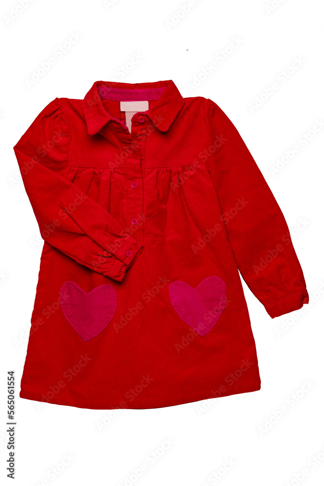 Summer dress isolated. A beautiful red girl's dress with attached heart shaped pockets and long sleeves isolated on white. Clipping path. Kids spring and autumn fashion. Summer dress isolated. A beautiful red girl's dress with attached heart shaped pockets and long sleeves isolated on white. Clipping path. Kids spring and autumn fashion.