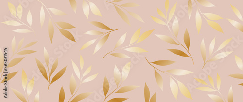 Luxury botanical vector art. Golden texture of botanical flower branch of leaves on pink background. Illustration design for wedding and vip cover template, banner.
