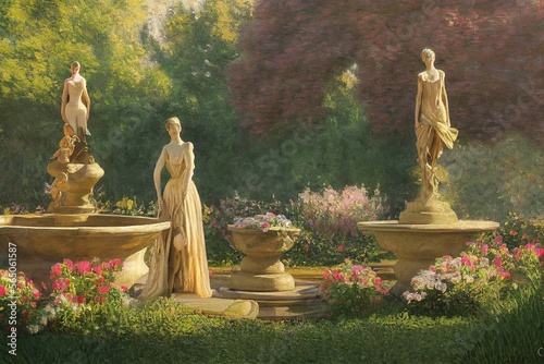 Beautiful antique vintage oil painting with daylight of garden landscape with water fountains and statues Made with Generative Ai
