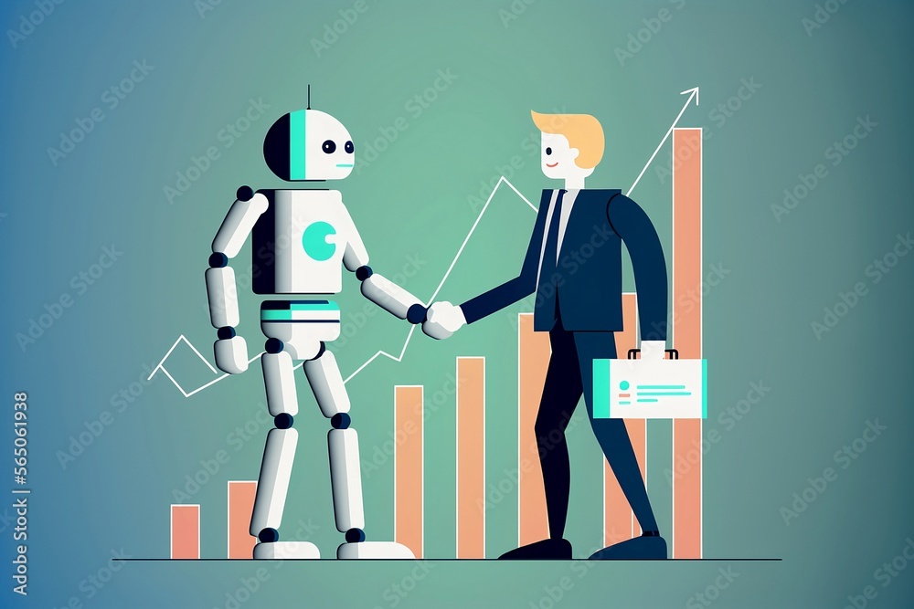 Fototapeta premium robot and businessman shaking hands in front of a chart, generative ai