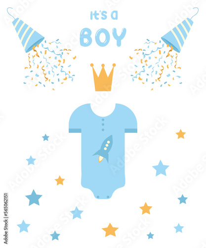 Congratulations on the newborn. Design elements and decorations for a boy. Design for a postcard or poster, invitation or print on fabric. Vector flat illustration.
