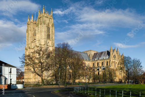 The minster (church) on a bright and sunny day under blue sky in Beverley, Yorkshire, UK.