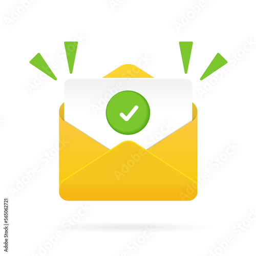 Confirmation email message. Verified mailer email send icon. Check mark document in mail envelope. Approved tick marker or confirm accepted or checked on acceptance letter verify sending.