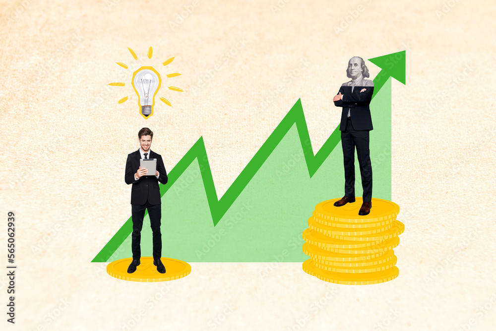 Fototapeta premium Creative collage image of business people use tablet bright idea light bulb pile stack money coins growing arrow upwards isolated on painted background