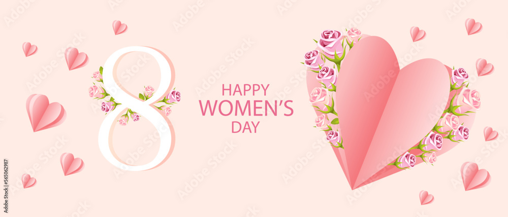 Background with international women's day. Paper heart with roses, number 8. Web banner. Vector illustration