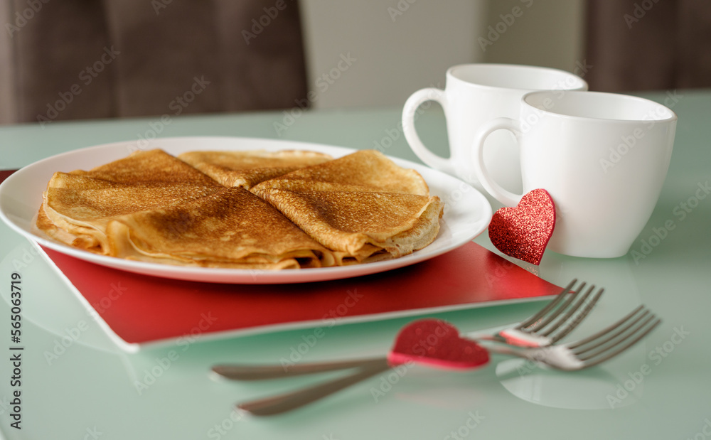 Obraz na płótnie Idea for Valentine's Day surprise gift. Cute pancakes crepes with coffee or tea. Romantic valentine breakfast. w salonie