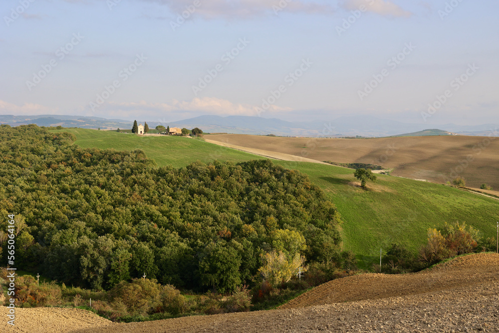 Chapel Vitaleta. Tiny, secluded chapel framed by cypress trees with striking views of the surrounding countryside. San Quirico d'Orcia, Province of Siena, Italy
