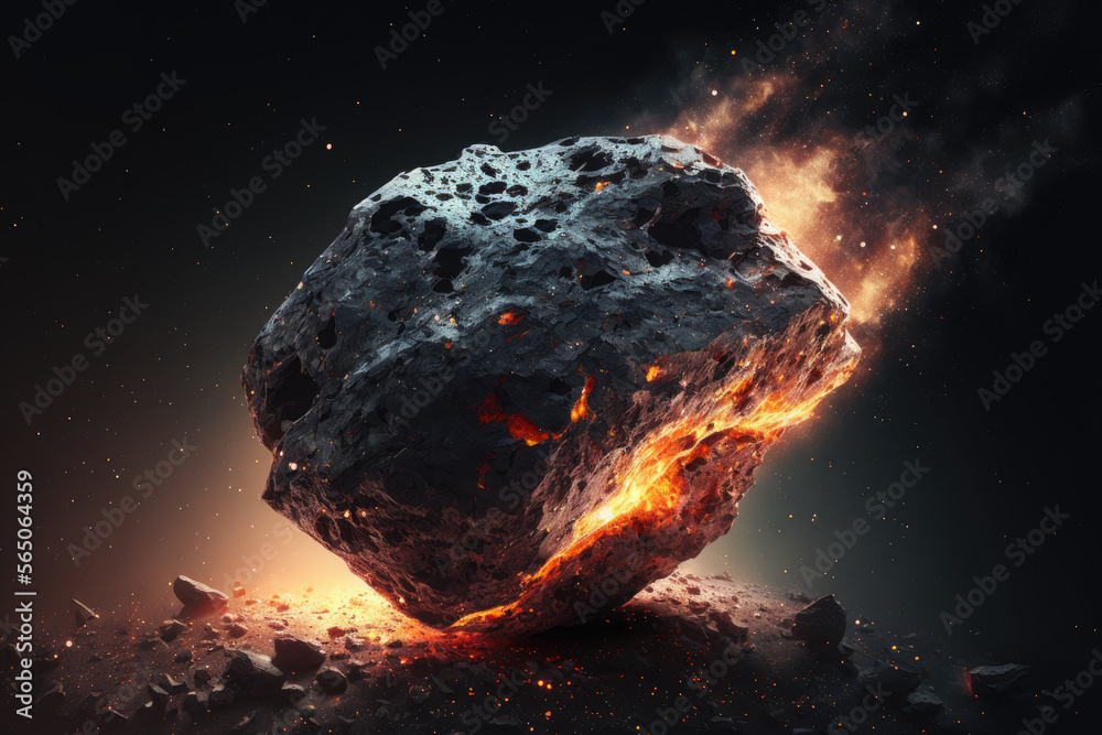 A meteorite with a blazing trail hitting the surface of a planet. Created with Generative AI.
