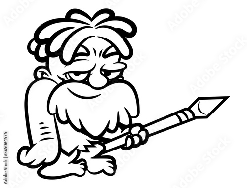 Cartoon illustration of Cavemen with dreadlocks and beard, wearing animal leather outfit, carrying a javelin made from wood and stone. Best for outline and coloring book with primitive life themes
