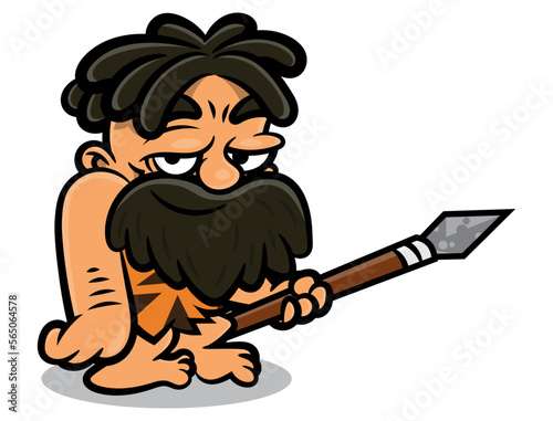 Cartoon illustration of Cavemen with dreadlocks and beard, wearing animal leather outfit, carrying a javelin made from wood and stone. Best for sticker, logo, and mascot with primitive life themes