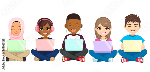Set collection of teenage people sitting with crossed legs using laptop computer. Isolated vector illustration