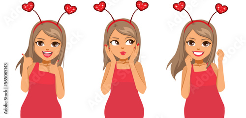 Young teenager girl wearing hearts headband celebrating Saint Valentine's Day. Beautiful woman with red dress on different gestures isolated illustration vector