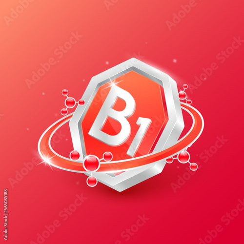 Logo label nutrition 3D silver. Vitamin B1 in octagon red shape and atom orbit around. Used for products food design. Protect your body keep healthy. Medical concepts. Isolated Vector EPS10.