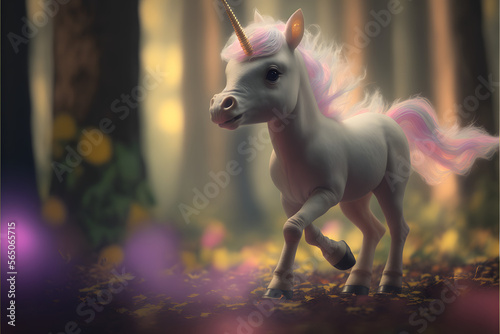 Unicorn running in a forest, Fantasy Background, Illustration generative ai