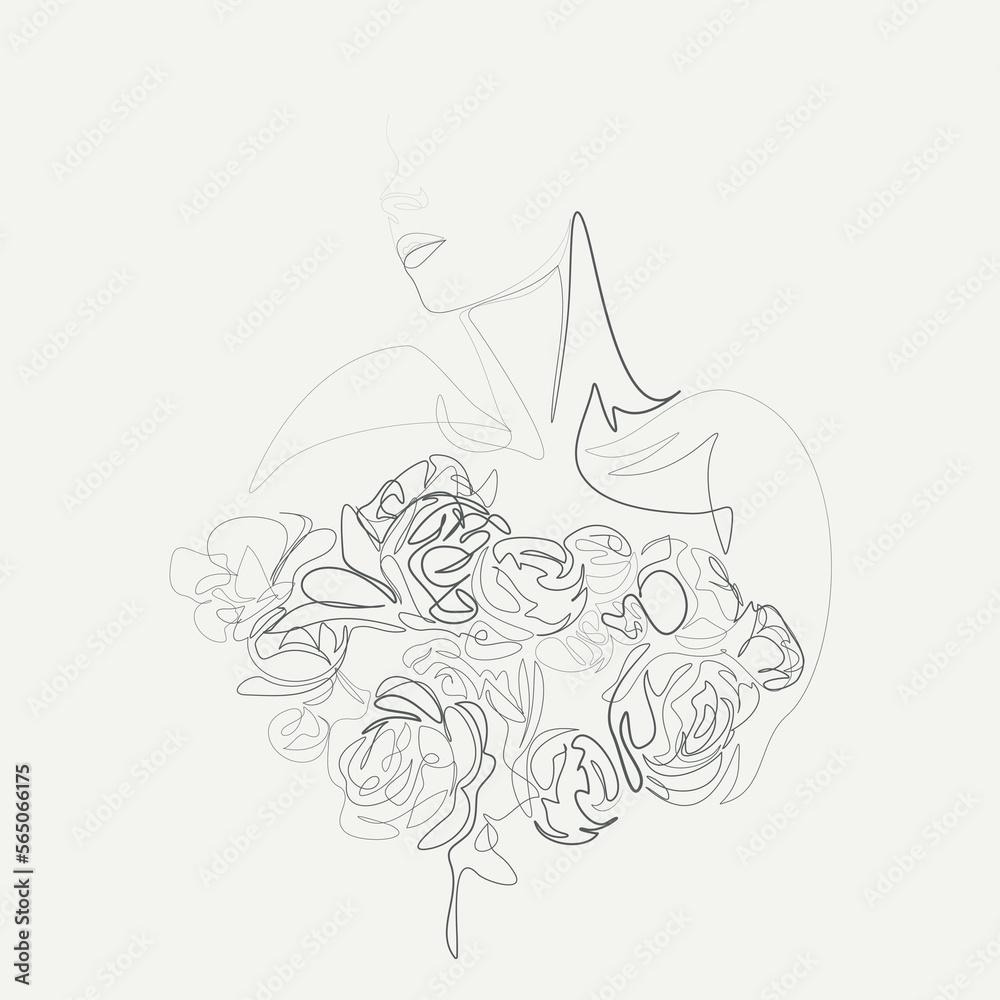 Woman portrait without face and sprig of blooming flowers vector line art illustration. One Line style drawing. One line art character, simple hand drawn asian elements. Vector illustration Woman portrait without face and sprig of blooming flowers vector line art illustration. One Line style drawing. One line art character, simple hand drawn asian elements. Vector illustration