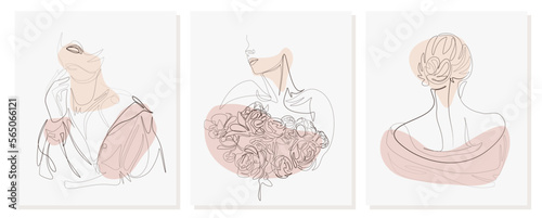 Set of the woman portraits and sprig of blooming flowers vector line art illustration. One Line style drawing. One line art character, simple hand drawn asian elements. Vector illustration
