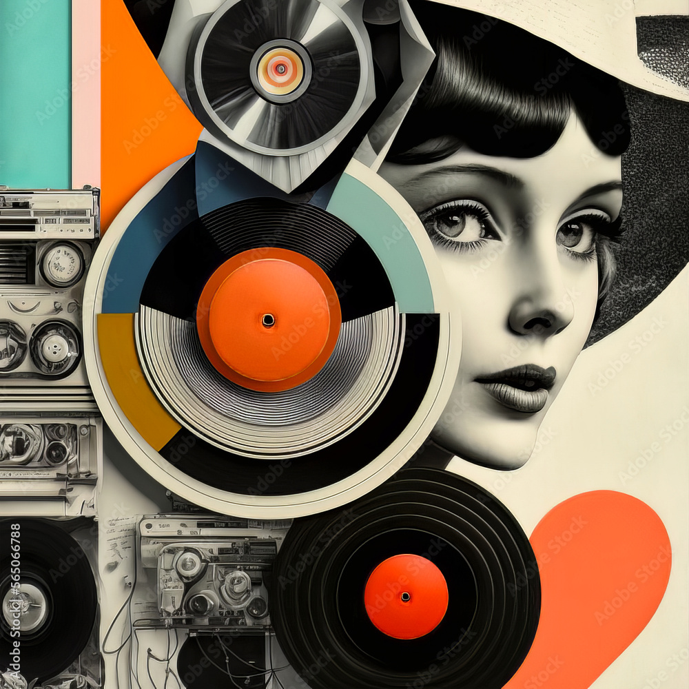 60s retro fashion background with records. Retro style collage - obrazy, fototapety, plakaty 