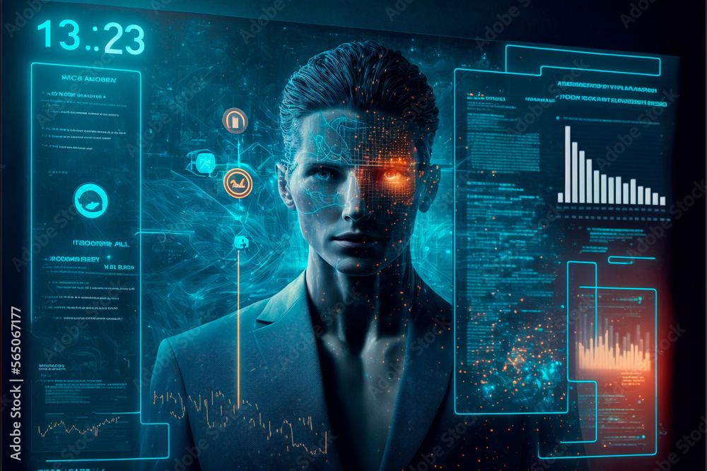 digital dashboard in 2023 against blue hologram. Artificial