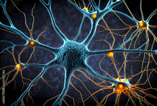 Model of Nerve Cells System Structure, 3D Neuron Science Background, Illustration generativ ai