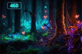 Fairy forest at night, fantasy glowing flowers and lights. Generative AI.