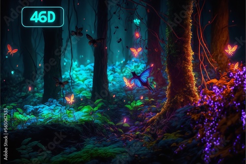 Fairy forest at night, fantasy glowing flowers and lights. Generative AI.