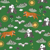 Animals asian tiger, panda bear vector seamless pattern.