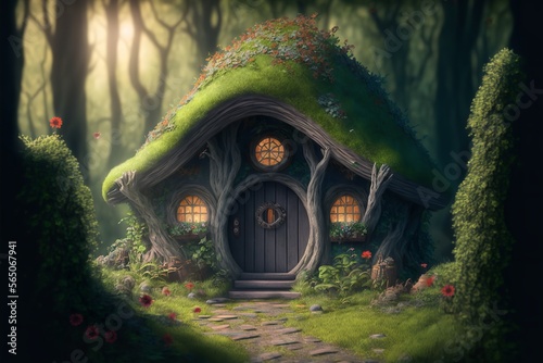 Hobbit house with overgrown roof in fantasy forest, Generative AI. photo