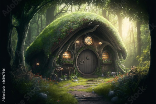 Hobbit house with overgrown roof in fantasy forest, Generative AI.