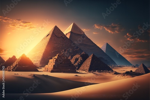 Pyramids at sunset  Cairo  Egypt. Fantasy Egyptian landscape  Generative AI.
