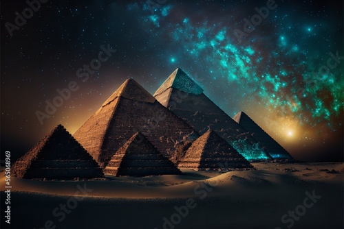 Pyramids at night, Cairo, Egypt. Fantasy Egyptian landscape, Generative AI.