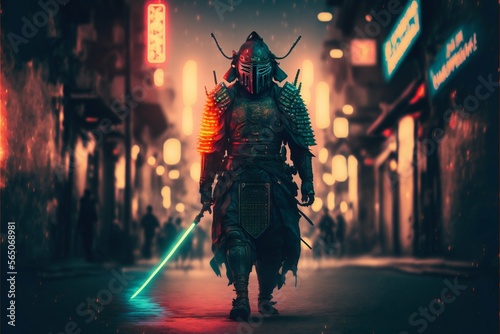 Samurai at night city street with neon lights. Generative ai