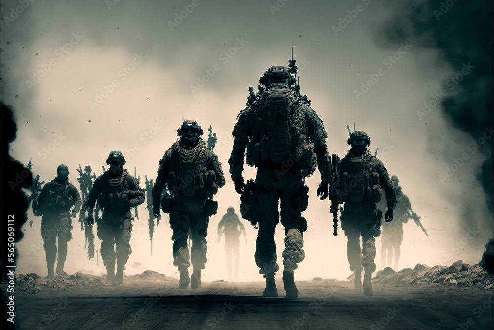 A group of soldiers walking across a desert with helicopter in background A group of soldiers walking across a desert with helicopter in background