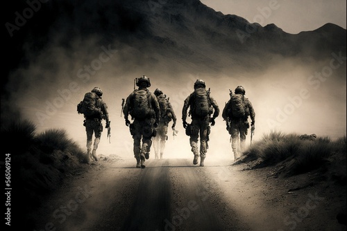 A group of soldiers walking across a desert 