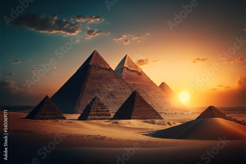 Pyramids at sunset  Cairo  Egypt. Fantasy Egyptian landscape  Generative AI.