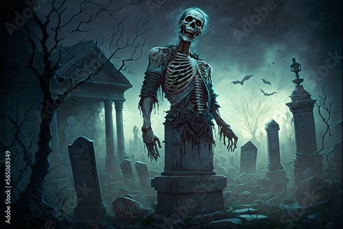 Zombie horror on graveyard among the graves at the night. Generative Ai