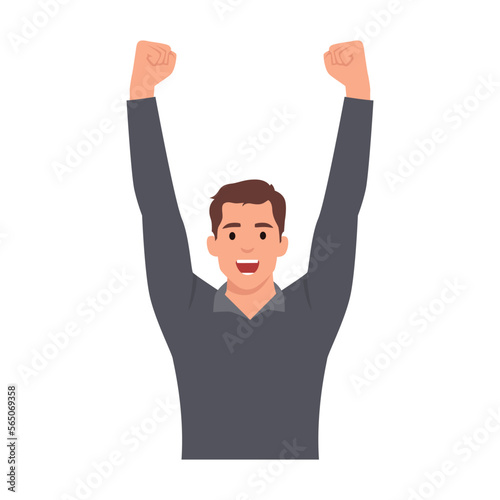Young man with raised hands up celebrating success. Flat vector illustration isolated on white background