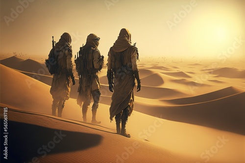 A group of soldiers in the desert, illustration, generative AI
