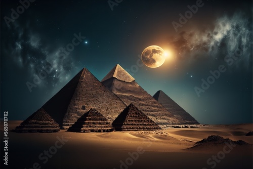 Pyramids at night  Cairo  Egypt. Fantasy Egyptian landscape  Generative AI.