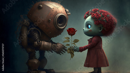 rusty anthropomorphic robot giving a rose to strange blue skin girl with flowers instead head hair, neural network generated art photo