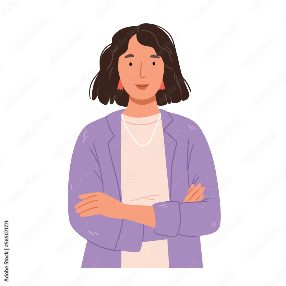 A woman in a purple jacket folded her hands.Stylish business woman,teacher.Hand drawn illustration. A woman in a purple jacket folded her hands.Stylish business woman,teacher.Hand drawn illustration.