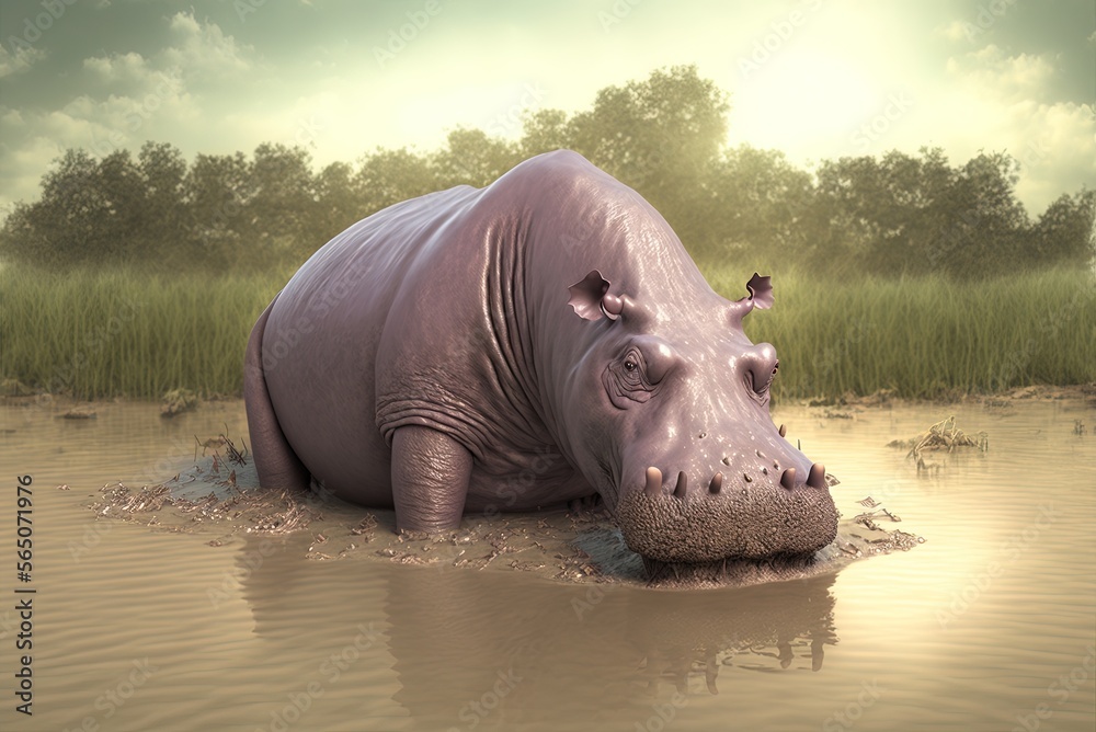 Picture of a hippopotamus wallowing in the mud Generative AI Stock ...